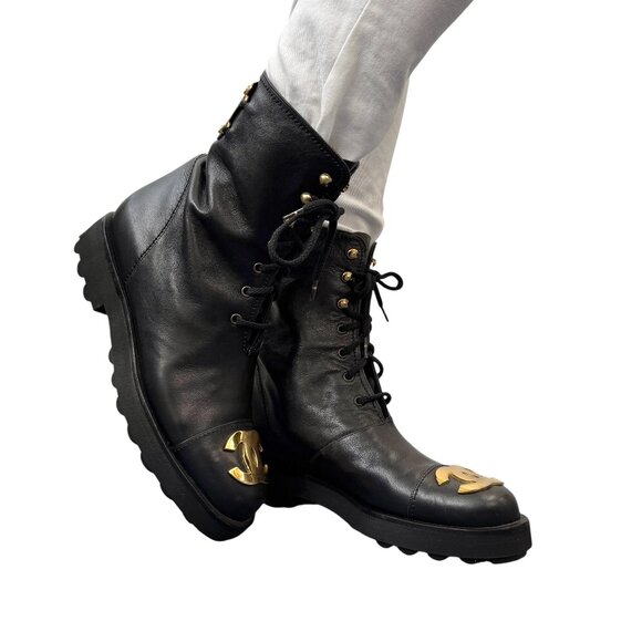 CHANEL Vintage CC Logo Lace-up Ankle Boots #36.5 Short Boots Black Gold [105170] - Picture 1 of 15